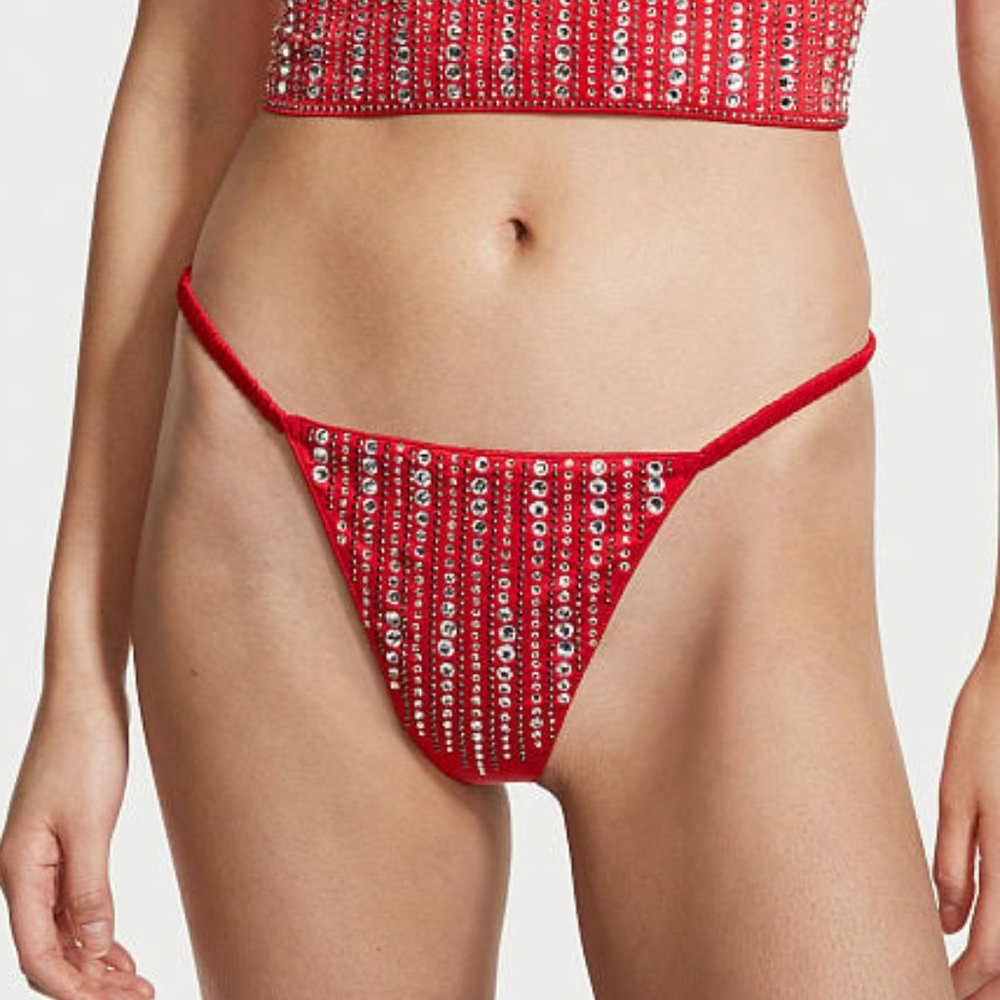 Ruched Strap Rhinestone Shine V-String THONG Panty Lipstick Red Victorias Secret